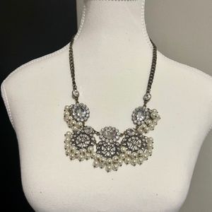 VTG Marley Lilly Signed ML Copper? Rhinestone Pearl Statement Bib Necklace 22"